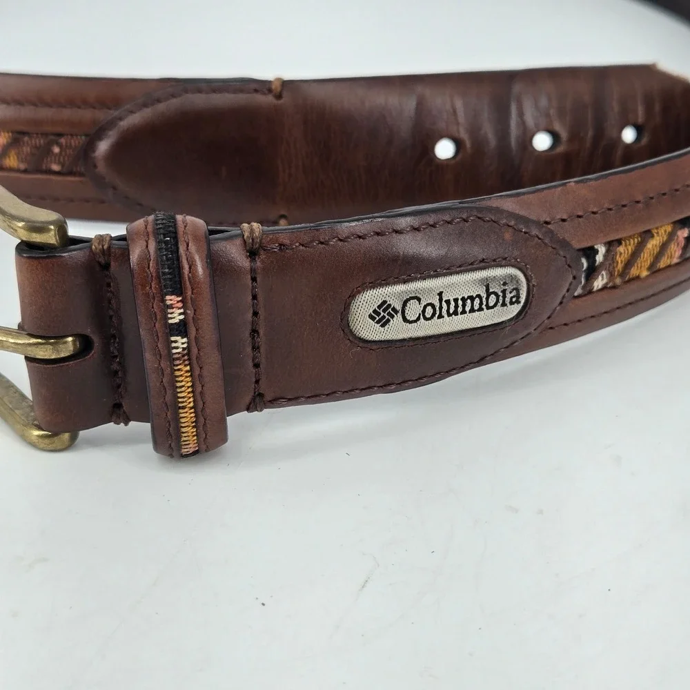 Columbia Mens Brown Leather Belt Woven Tapestry Inlay Modified Cut Tip Size 38